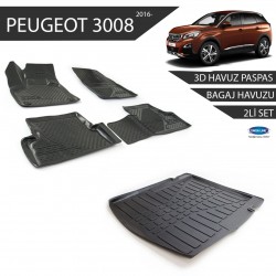 Peugeot 3008 3D Havuz Paspas +3D Bagaj Havuzu 2li Set Siyah 2016 ve Sonrası
